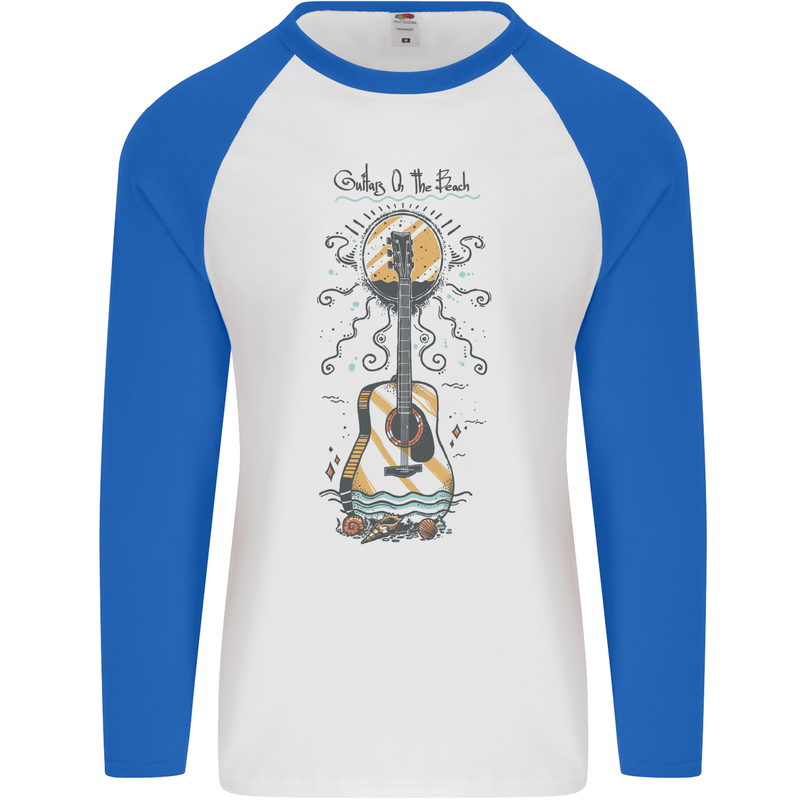 Guitar Beach Acoustic Holiday Surfing Music Mens L/S Baseball T-Shirt White/Royal Blue