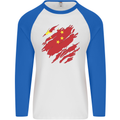 Torn China Flag Chinese Day Football Mens L/S Baseball T-Shirt White/Royal Blue