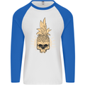 Pineapple Skull Gothic Biker Surfing Mens L/S Baseball T-Shirt White/Royal Blue