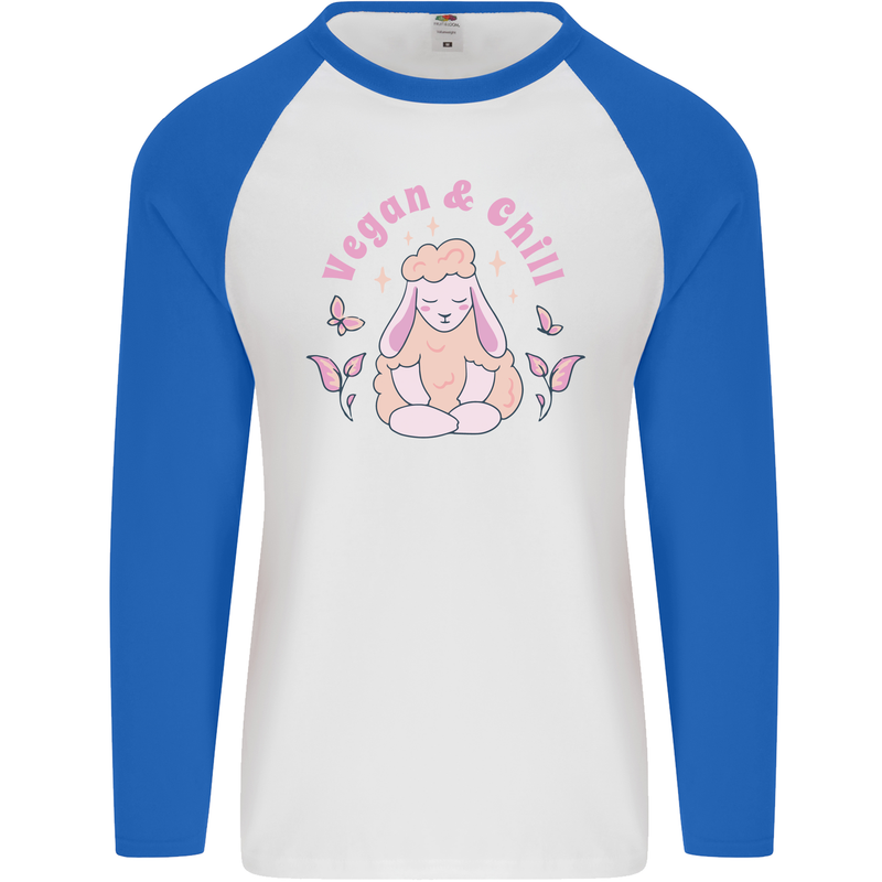 Vegan & Chill Meditation Yoga Spiritual Mens L/S Baseball T-Shirt White/Royal Blue