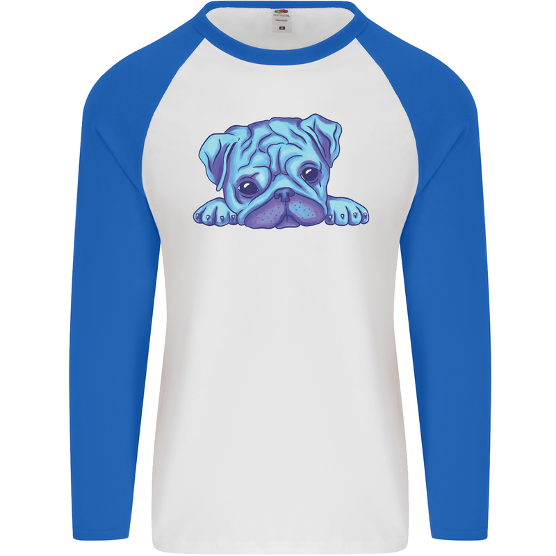 A Blue Watercolour Pug Mens L/S Baseball T-Shirt White/Royal Blue