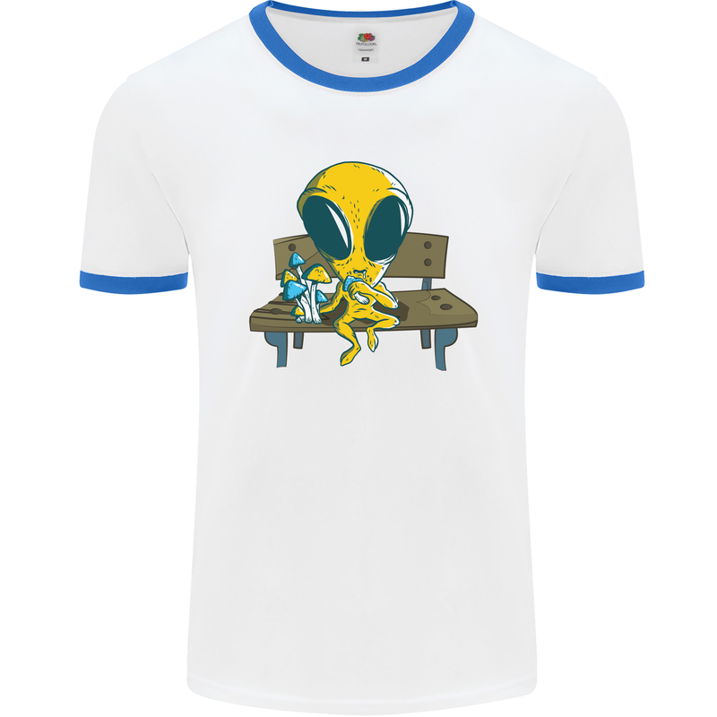 An Alien Eating Magic Mushrooms LSD Mens Ringer T-Shirt White/Royal Blue