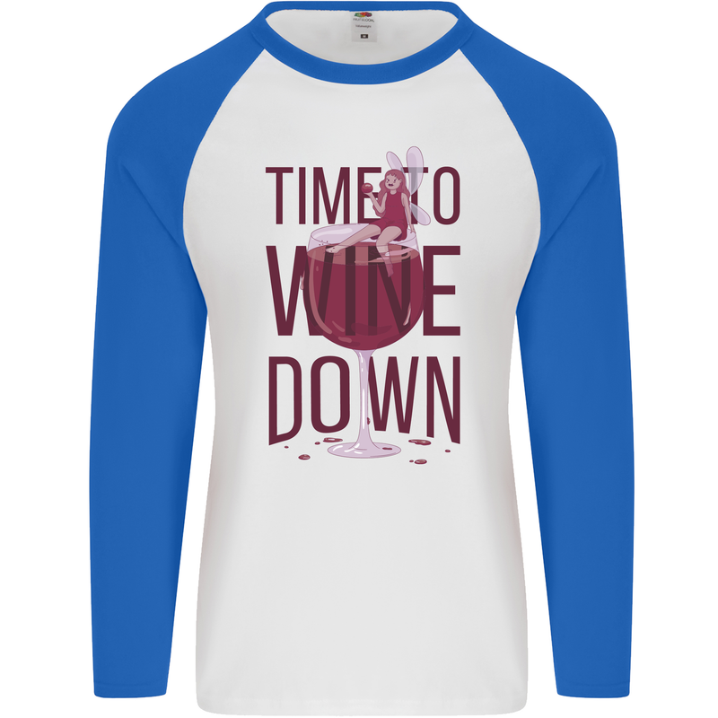 Time to Wine Down Funny Alcohol Mens L/S Baseball T-Shirt White/Royal Blue