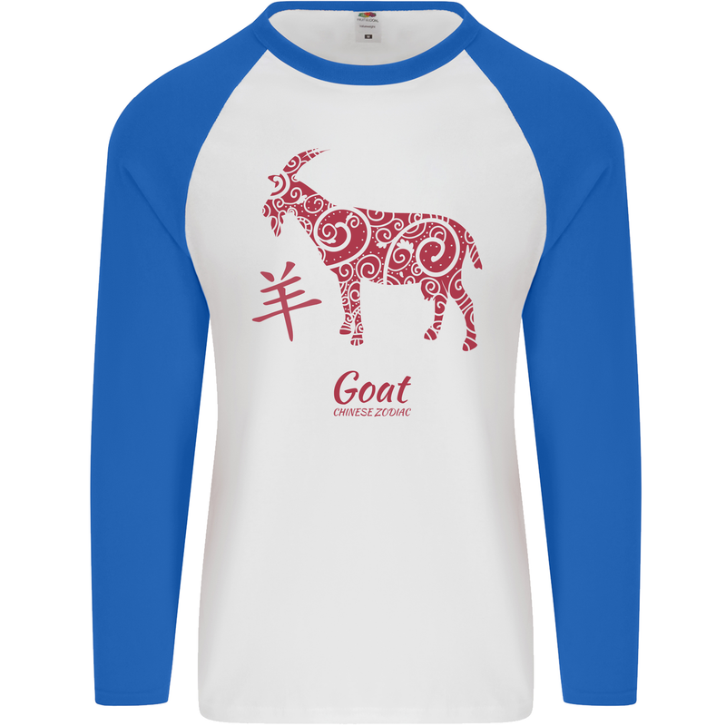 Chinese Zodiac Shengxiao Year of the Goat Mens L/S Baseball T-Shirt White/Royal Blue