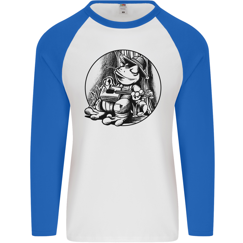 A Chilled Frog Playing the Guitar Guitarist Mens L/S Baseball T-Shirt White/Royal Blue