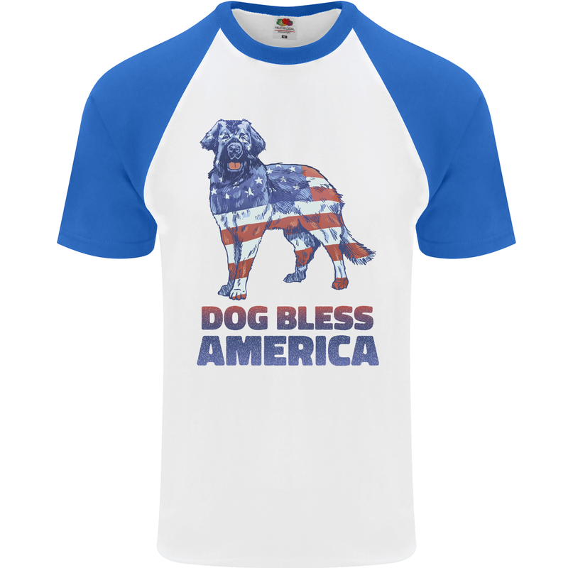 Dog Bless America USA Mens S/S Baseball T-Shirt White/Royal Blue