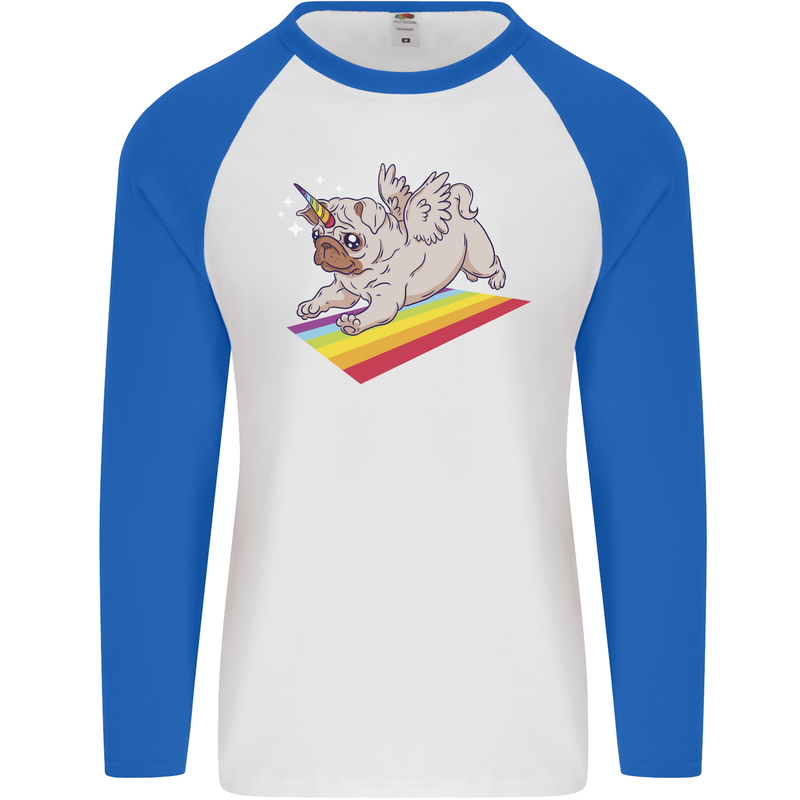 A Unicorn Pug Dog LGBT Mens L/S Baseball T-Shirt White/Royal Blue