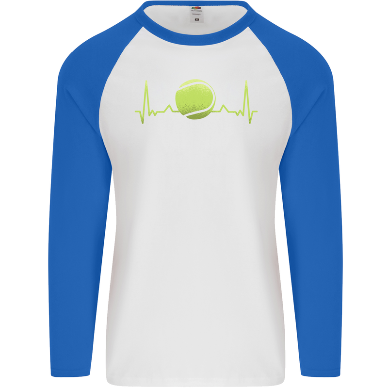 Tennis Player ECG Pulse Mens L/S Baseball T-Shirt White/Royal Blue