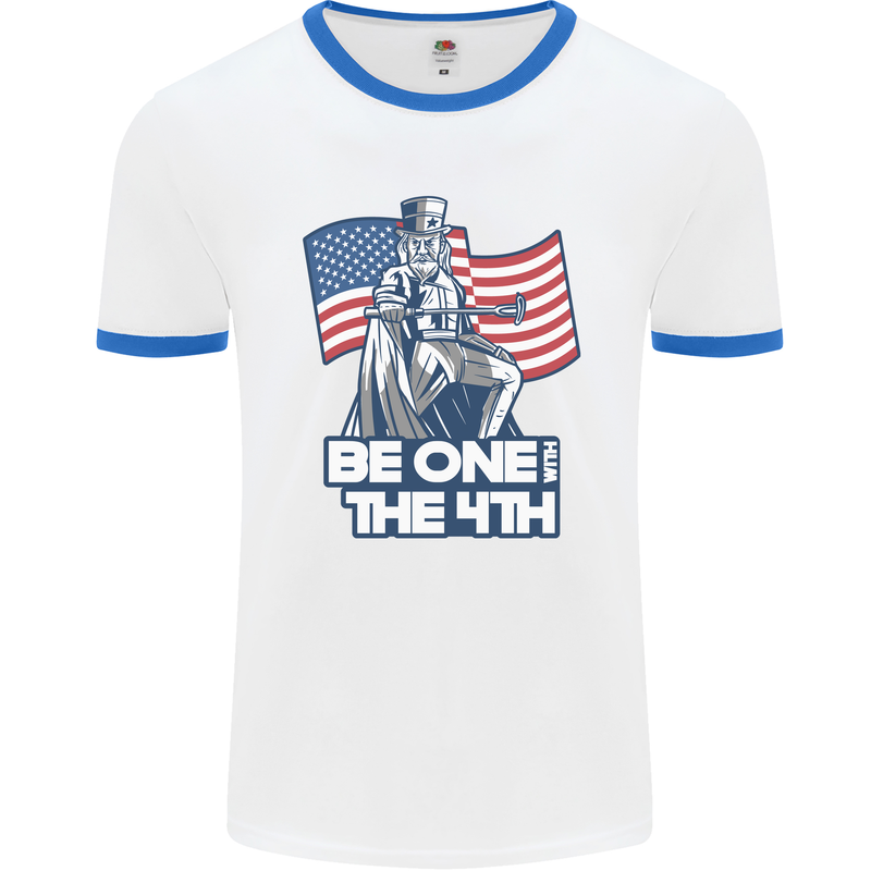 Be One With 4th of July American Independence Mens Ringer T-Shirt White/Royal Blue