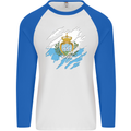 Torn San Marino Flag Sammarinese Day Football Mens L/S Baseball T-Shirt White/Royal Blue