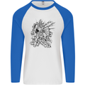 Inca Warrior Skull Gym Martial Arts MMA Axe Mens L/S Baseball T-Shirt White/Royal Blue