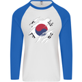 Torn South Korea Flag Korean Day Football Mens L/S Baseball T-Shirt White/Royal Blue