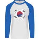 Torn South Korea Flag Korean Day Football Mens L/S Baseball T-Shirt White/Royal Blue