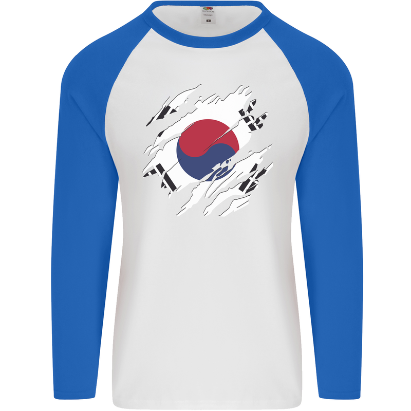 Torn South Korea Flag Korean Day Football Mens L/S Baseball T-Shirt White/Royal Blue