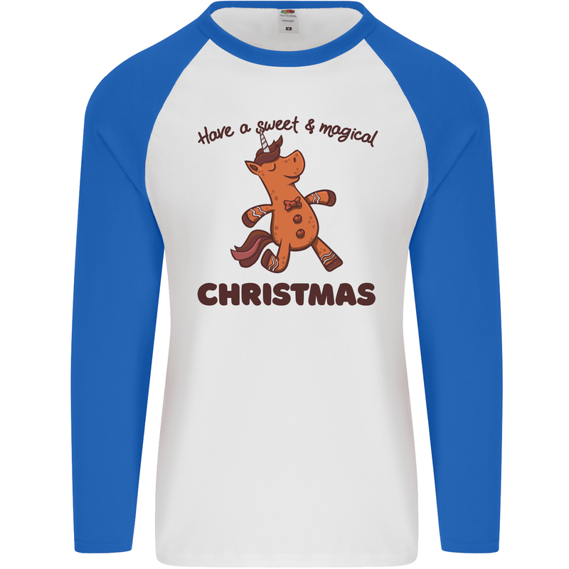 Gingerbread Man Unicorn Christmas Mens L/S Baseball T-Shirt White/Royal Blue