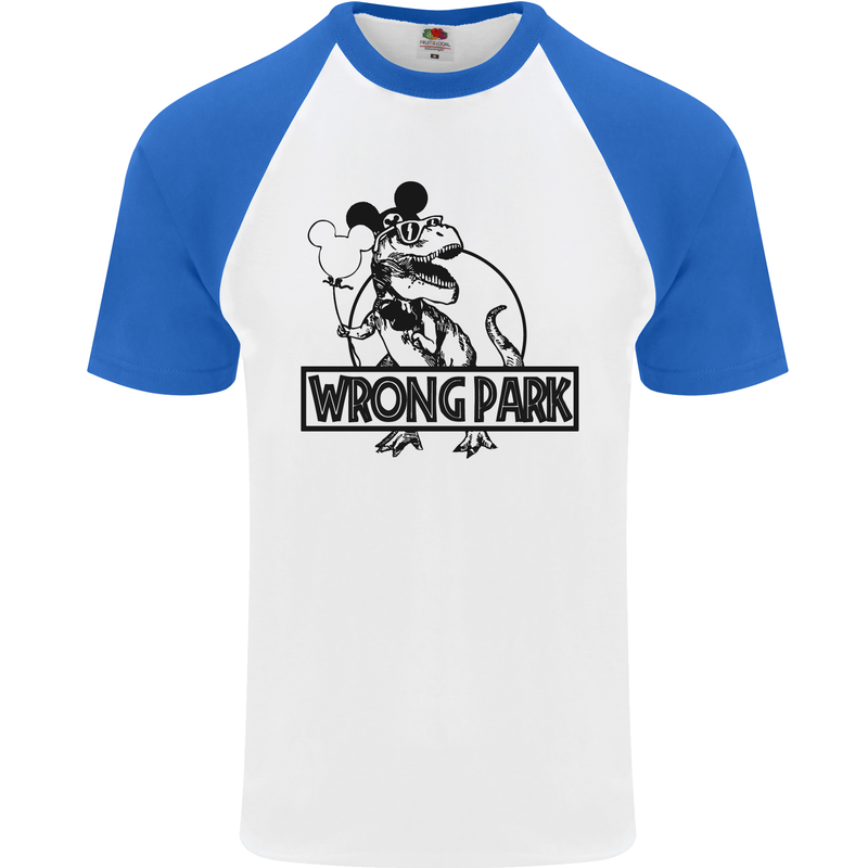 Wrong Park Funny T-Rex Dinosaur Jurrasic Mens S/S Baseball T-Shirt White/Royal Blue
