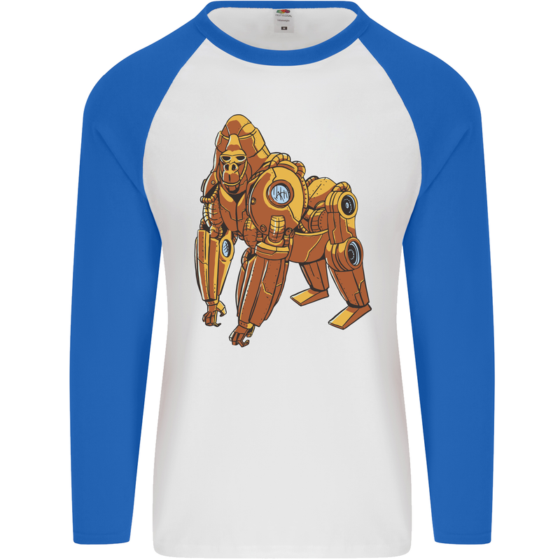 A Steampunk Gorilla Ape Mens L/S Baseball T-Shirt White/Royal Blue