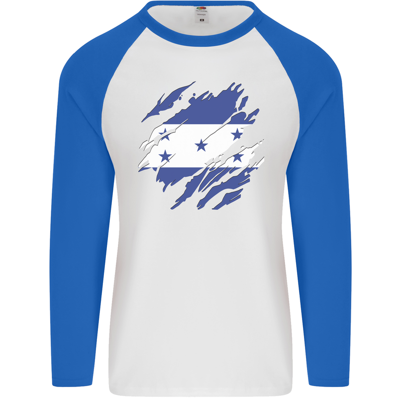 Torn Honduras Flag Honduran Day Football Mens L/S Baseball T-Shirt White/Royal Blue