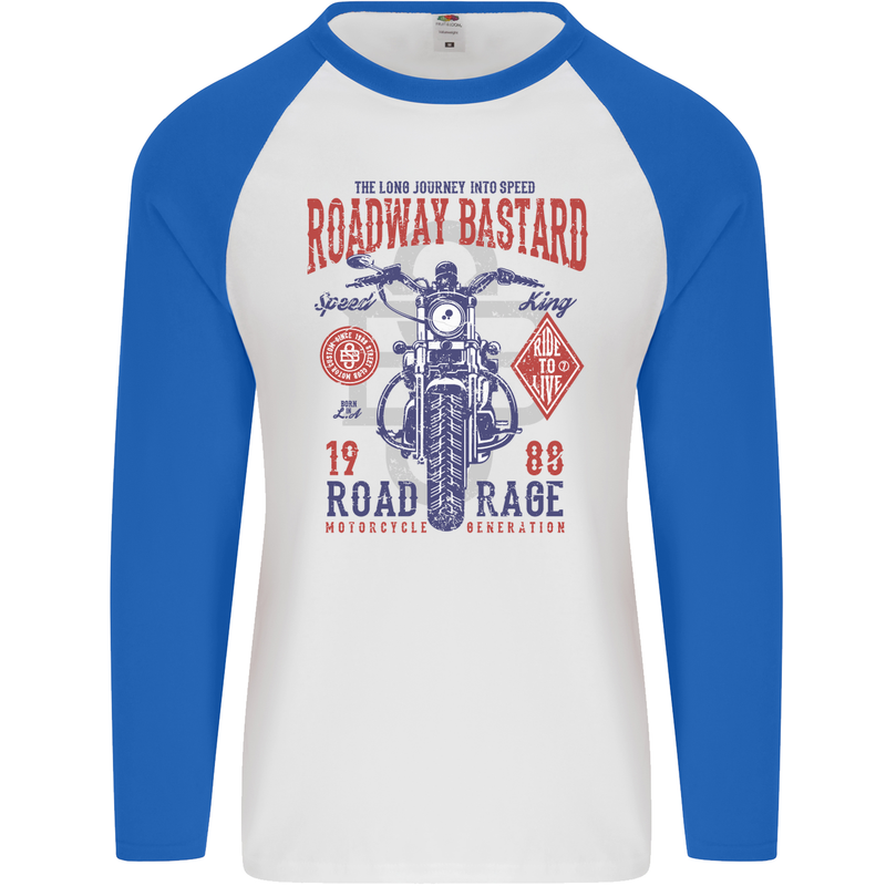 Roadway Bastard Motorcycle Biker Motorbike Mens L/S Baseball T-Shirt White/Royal Blue