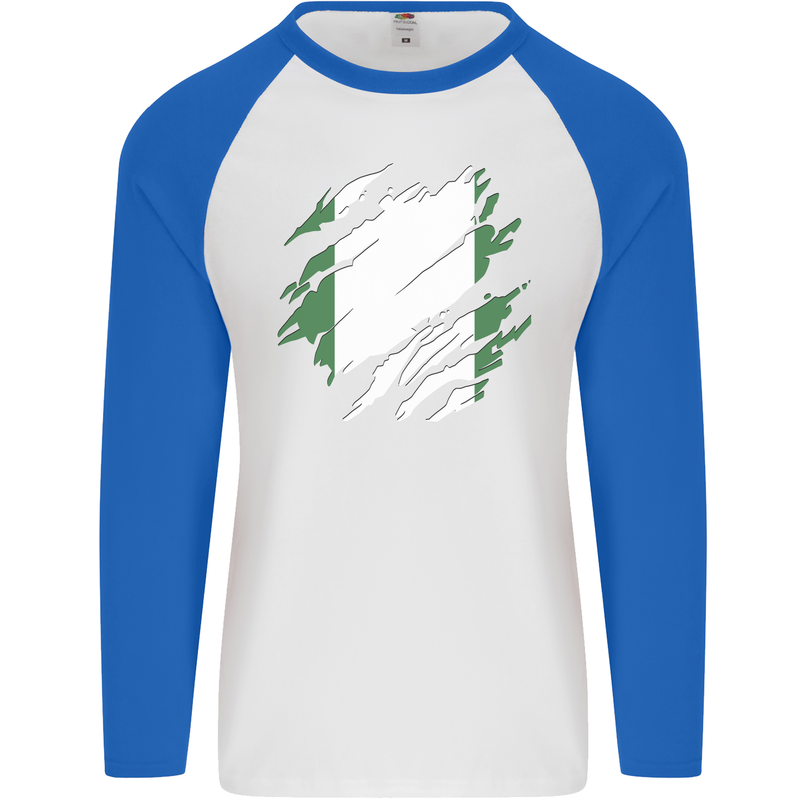 Torn Nigeria Flag Nigerian Day Football Mens L/S Baseball T-Shirt White/Royal Blue