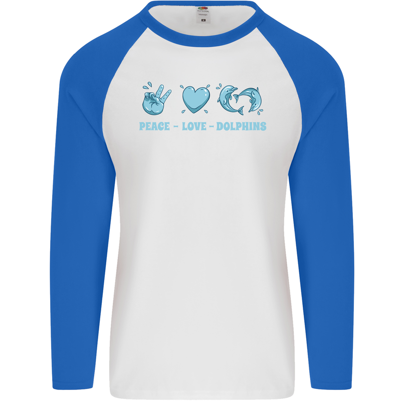 Peace Love Dolphins Mens L/S Baseball T-Shirt White/Royal Blue