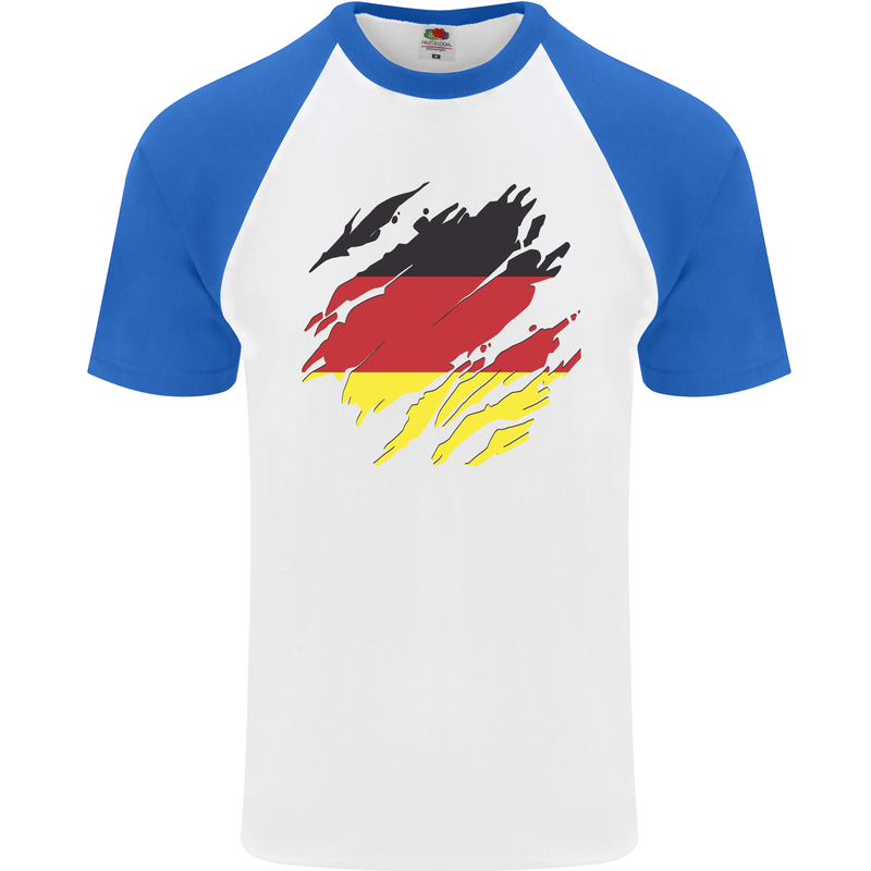 Torn Germany Flag German Day Football Mens S/S Baseball T-Shirt White/Royal Blue