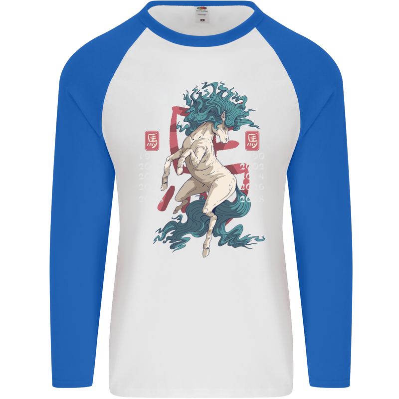 Chinese Zodiac Shengxiao Year of the Horse Mens L/S Baseball T-Shirt White/Royal Blue