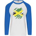 Torn Jamaican Flag Jamaica Day Football Mens L/S Baseball T-Shirt White/Royal Blue