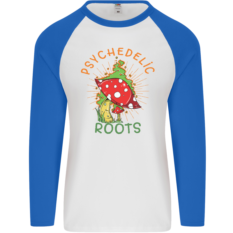 Psychedelic Roots Magic Mushrooms LSD Hippy Mens L/S Baseball T-Shirt White/Royal Blue