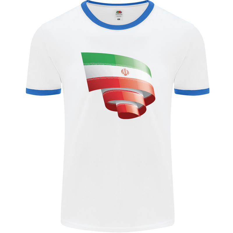 Curled Iran Flag Iranian Day Football Mens Ringer T-Shirt White/Royal Blue