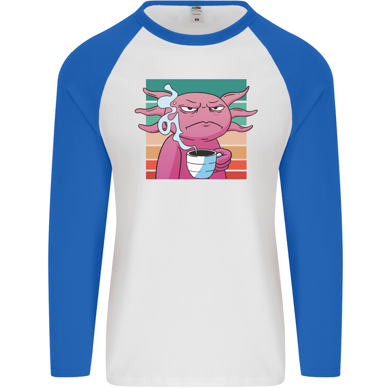 Grumpy Axolotl With Coffee Mens L/S Baseball T-Shirt White/Royal Blue