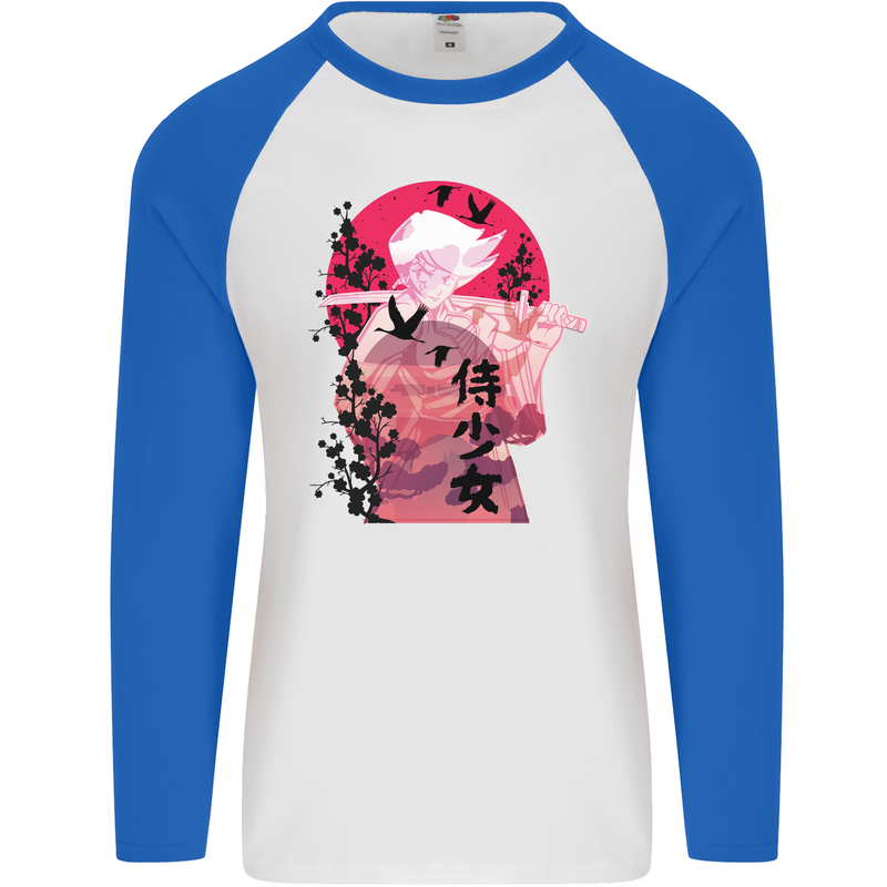 Anime Samurai Woman With Sword Mens L/S Baseball T-Shirt White/Royal Blue