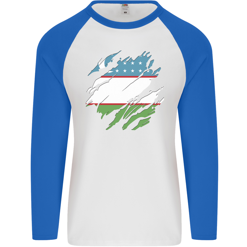 Torn Uzbekistan Flag Ukbek Day Football Mens L/S Baseball T-Shirt White/Royal Blue