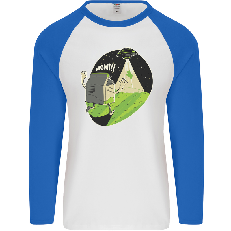 Cow Abduction Funny Alien UFO Food Mens L/S Baseball T-Shirt White/Royal Blue