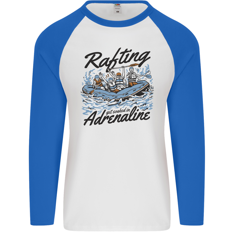 Rafting Get Soaked in Adrenaline White Water Mens L/S Baseball T-Shirt White/Royal Blue