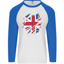 Torn British Flag Union Jack Britain Mens L/S Baseball T-Shirt White/Royal Blue