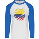 Torn Columbia Flag Columbian Day Football Mens L/S Baseball T-Shirt White/Royal Blue
