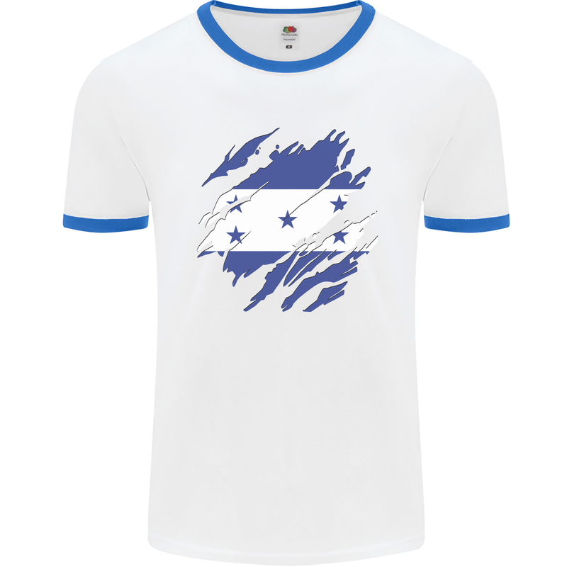 Torn Honduras Flag Honduran Day Football Mens Ringer T-Shirt White/Royal Blue