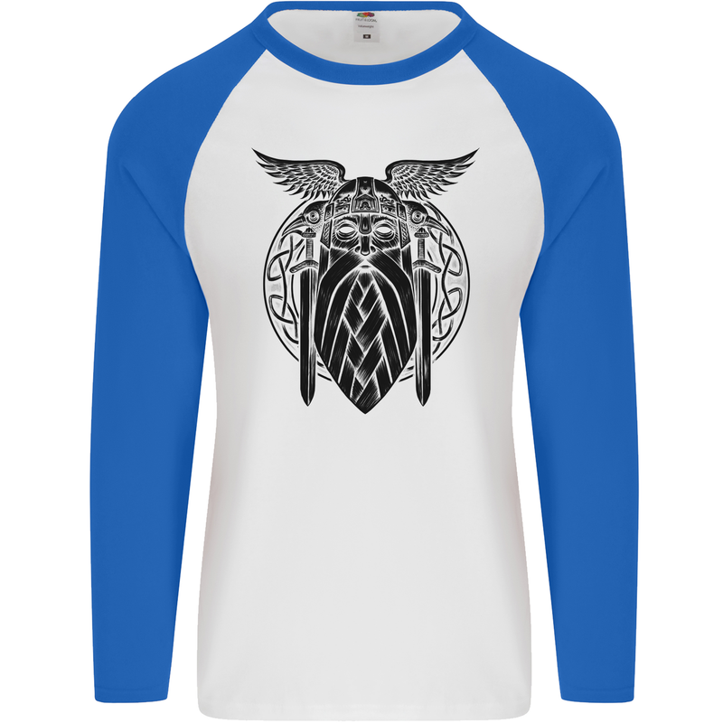 Odin The Vikings Valhalla Thor Gym Nordic Mens L/S Baseball T-Shirt White/Royal Blue