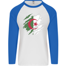 Torn Algeria Flag Algerian Day Football Mens L/S Baseball T-Shirt White/Royal Blue