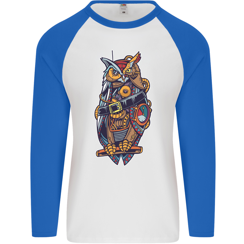 Funny Steampunk Pirate Owl Mens L/S Baseball T-Shirt White/Royal Blue