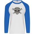 Engine Skull Mechanic Car Biker Motorbike Mens L/S Baseball T-Shirt White/Royal Blue
