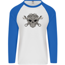Engine Skull Mechanic Car Biker Motorbike Mens L/S Baseball T-Shirt White/Royal Blue