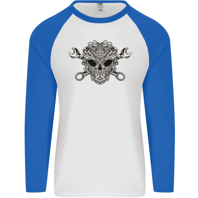 Engine Skull Mechanic Car Biker Motorbike Mens L/S Baseball T-Shirt White/Royal Blue