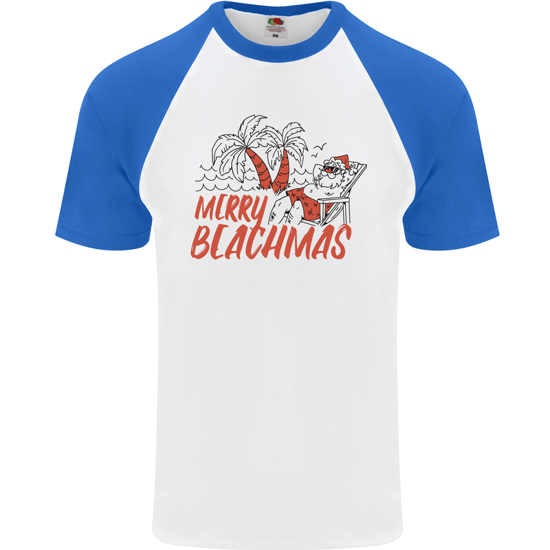 Merry Beachmas Funny Summer Santa Claus Mens S/S Baseball T-Shirt White/Royal Blue