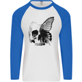 A Butterfly Skull Mens L/S Baseball T-Shirt White/Royal Blue