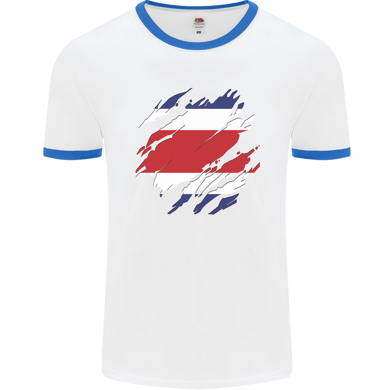 Torn Costa Rica Flag Rican Day Football Mens Ringer T-Shirt White/Royal Blue