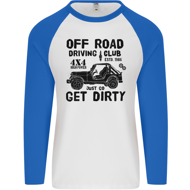 Off Road Driving Club Get Dirty 4x4 Funny Mens L/S Baseball T-Shirt White/Royal Blue