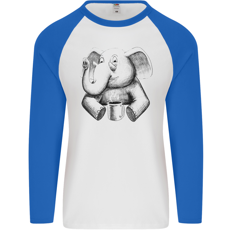 An Elephant Drinking Coffee Mens L/S Baseball T-Shirt White/Royal Blue