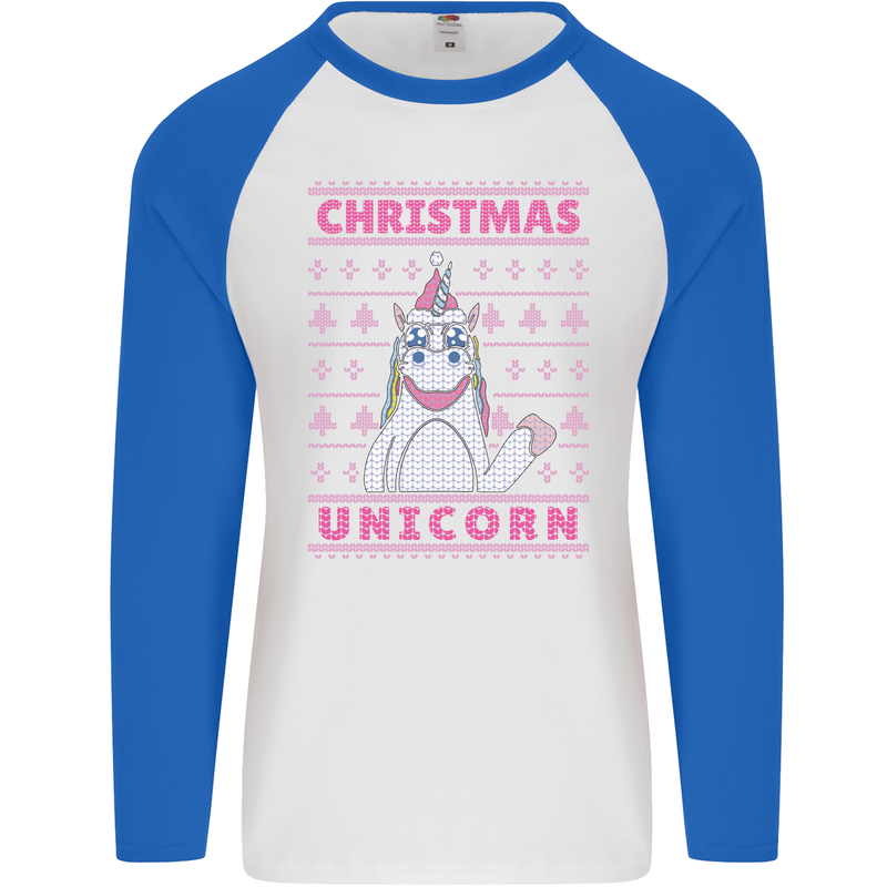 Funny Christmas Unicorn Mens L/S Baseball T-Shirt White/Royal Blue